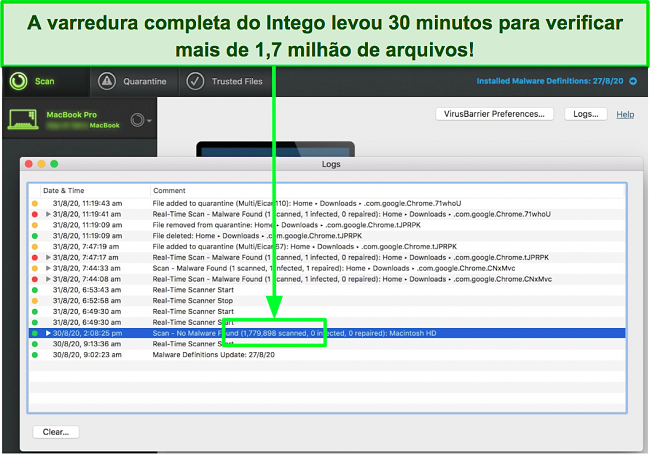 Captura de tela dos resultados da verifica&ccedil;&atilde;o completa do Intego