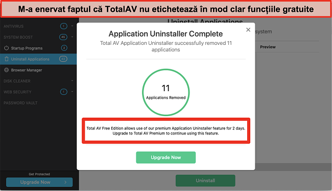 Captură de ecran a &icirc;ncercării de revendicare TotalAV Application Uninstaller