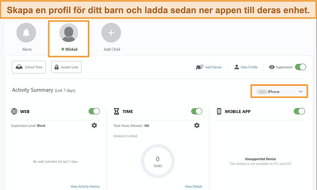 Sk&auml;rmdump av Norton Family Portal med en barnprofil skapad.