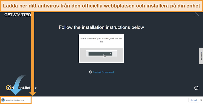 Sk&auml;rmdump av Norton 360-webbplatsen som startar nedladdnings- och installationsprocessen.