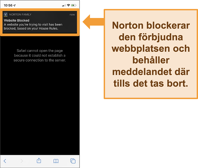 Sk&auml;rmdump av Norton antivirus med f&ouml;r&auml;ldrakontroll aktiverad p&aring; iPhone och blockerar f&ouml;rbjudna webbplatser