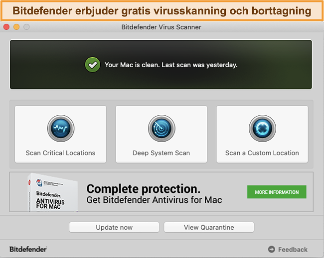 Sk&auml;rmdump av Bitdefender-appens instrumentpanel p&aring; Mac