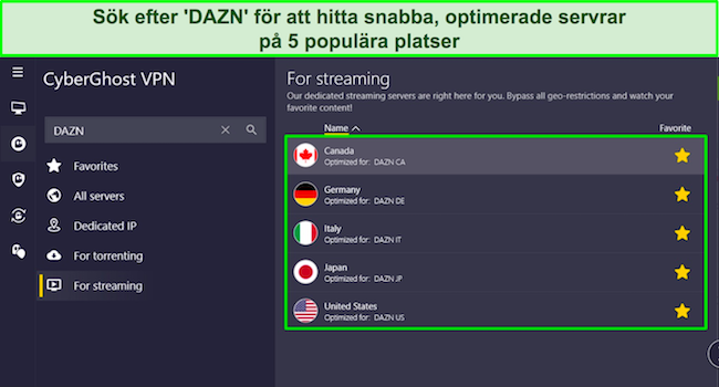 Sk&auml;rmdump av CyberGhosts Windows-app som lyfter fram de 5 DAZN-optimerade serverplatserna