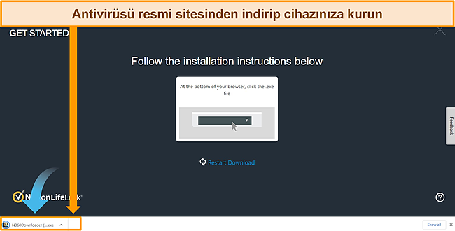 Antivir&uuml;s&uuml;n cihazınıza nasıl indirileceğini g&ouml;steren Norton web sitesinin ekran g&ouml;r&uuml;nt&uuml;s&uuml;.
