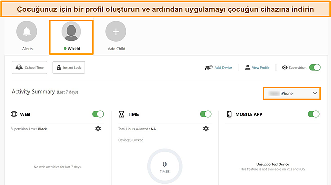 Norton'un Ebeveyn Denetimleri panosunun, &ccedil;ocuğun profilini ve ebeveyn denetimlerinin indirildiği aygıtı vurgulayan ekran g&ouml;r&uuml;nt&uuml;s&uuml;.