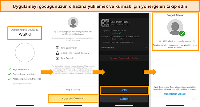 Bir iPhone'da Norton i&ccedil;in ebeveyn denetimleri kurulum s&uuml;recinin ekran g&ouml;r&uuml;nt&uuml;s&uuml;.