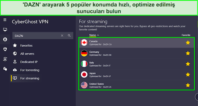 DAZN i&ccedil;in optimize edilmiş 5 sunucu konumunu vurgulayan CyberGhost Windows uygulamasının ekran g&ouml;r&uuml;nt&uuml;s&uuml;