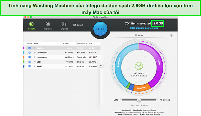Ảnh chụp m&agrave;n h&igrave;nh bảng điều khiển c&ocirc;ng cụ tối ưu h&oacute;a m&aacute;y giặt của Intego Mac