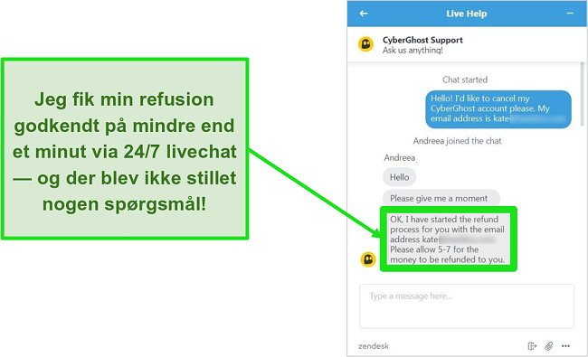 Sk&aelig;rmbillede af en bruger, der med succes anmoder om en refusion fra CyberGhost via live chat med 30-dages pengene-tilbage-garanti