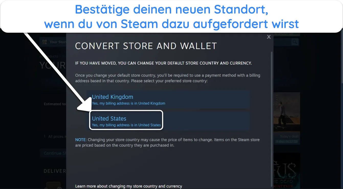 Screenshot von Steam, das den Einkaufswagen aktualisiert, nachdem eine neue Region ausgew&auml;hlt wurde.