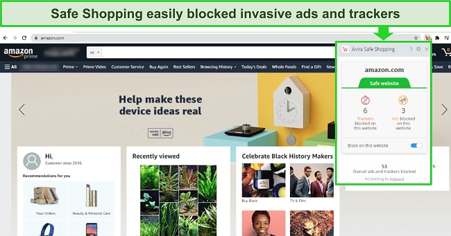 Screenshot of Avira's Safe Browsing extension for Windows, demonstrating its ability to block ads on Amazon. Screenshot of Avira's Safe Browsing extension for Windows, demonstrating its ability to block ads on Amazon.
