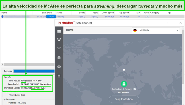 Captura de pantalla de McAfee VPN conectada a un servidor alem&aacute;n mientras descargaba un archivo torrent de 35GB.
