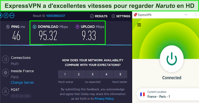 Capture d'écran du résultat du test de vitesse ExpressVPN