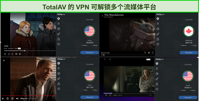 Total AV VPN的屏幕截图,其中包括Hulu,Disney +,Netflix和HBO Max。