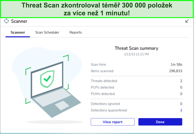 Recenze Malwarebytes zv&yacute;razňuj&iacute;c&iacute; rozhran&iacute; funkce Threat Scan.