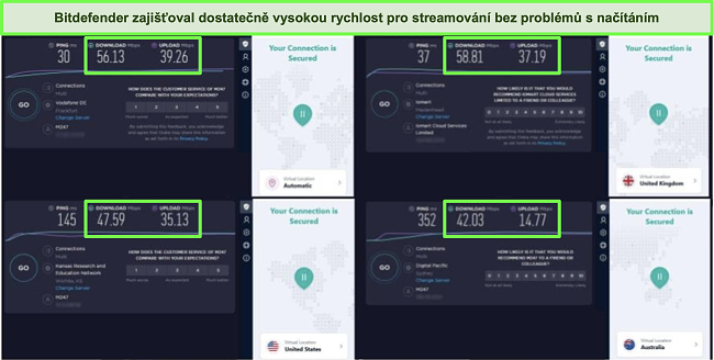 Screenshot VPN Bitdefenderu připojen&eacute;ho k různ&yacute;m serverům a v&yacute;sledky testů rychlosti Ookla.