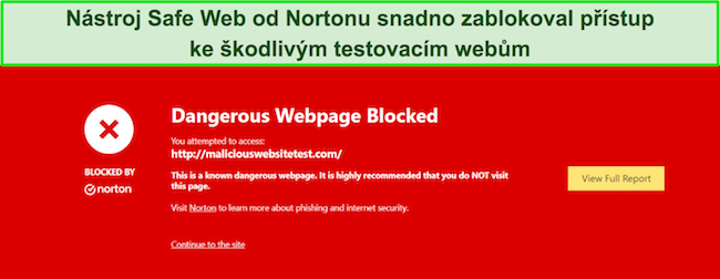 Recenze Norton ukazuj&iacute;c&iacute; bezpečnostn&iacute; funkci, kde Bezpečn&yacute; web blokuje př&iacute;stup k testovac&iacute;m webům malwaru.
