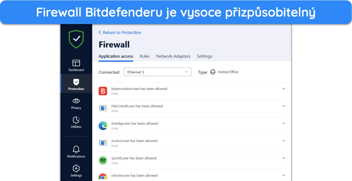 Nastaven&iacute; br&aacute;ny firewall Bitdefenderu si můžete přizpůsobit podle sv&yacute;ch představ.