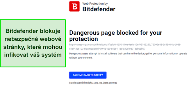 Recenze Bitdefenderu, kter&aacute; předv&aacute;d&iacute; funkci ochrany webu, kter&aacute; aktivně blokuje př&iacute;stup k potenci&aacute;lně &scaron;kodliv&yacute;m webov&yacute;m str&aacute;nk&aacute;m