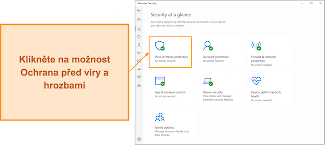 Sn&iacute;mek obrazovky ukazuj&iacute;c&iacute;, jak otevř&iacute;t nab&iacute;dku ochrany před viry a hrozbami v programu Microsoft Defender