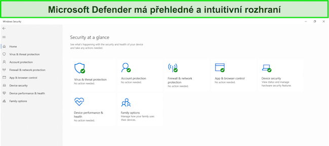 Sn&iacute;mek obrazovky hlavn&iacute; nab&iacute;dky programu Microsoft Defender