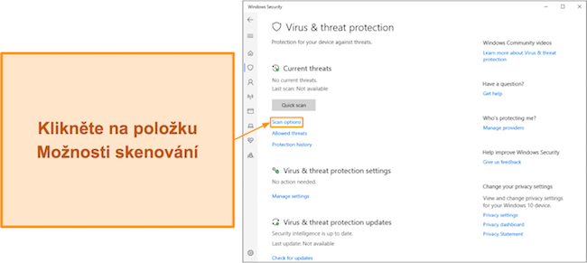 Sn&iacute;mek obrazovky ukazuj&iacute;c&iacute;, jak z&iacute;skat př&iacute;stup k možnostem skenov&aacute;n&iacute; v programu Microsoft Defender