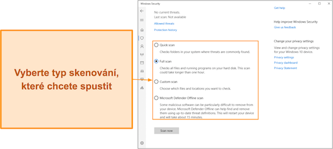 Sn&iacute;mek obrazovky různ&yacute;ch dostupn&yacute;ch typů skenov&aacute;n&iacute; v programu Microsoft Defender