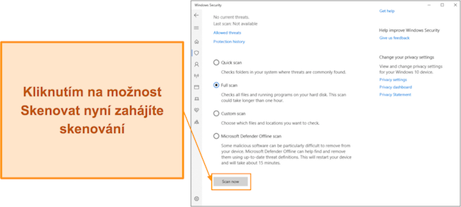 Sn&iacute;mek obrazovky ukazuj&iacute;c&iacute;, jak spustit skenov&aacute;n&iacute; pomoc&iacute; programu Microsoft Defender