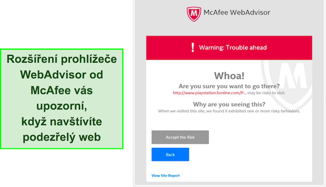 Sn&iacute;mek obrazovky rozhran&iacute; roz&scaron;&iacute;řen&iacute; prohl&iacute;žeče McAfee WebAdvisor.