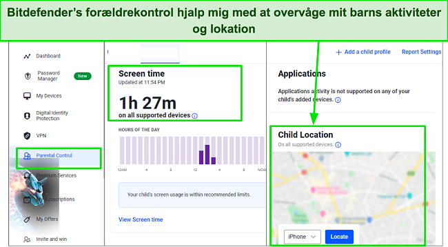 Sk&aelig;rmbillede af Bitdefenders dashboard til for&aelig;ldrekontrol