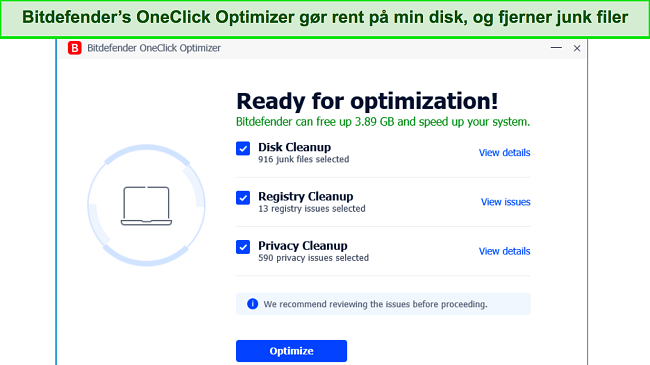 Sk&aelig;rmbillede af Bitdefenders OneClick optimizer