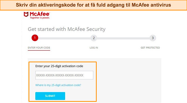 Sk&aelig;rmbillede af McAfees appaktiveringsside