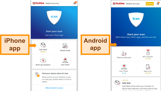 Sk&aelig;rmbillede af McAfees Android- og iOS-app