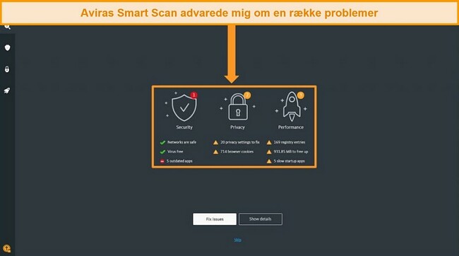 Sk&aelig;rmbillede af Avira Antivirus Smart Scan-resultatsiden.