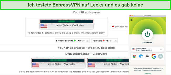 Screenshot von ExpressVPN, der erfolgreich einen IP-, WebRTC- und DNS-Leaktest besteht, w&auml;hrend er mit einem Server in den USA verbunden ist