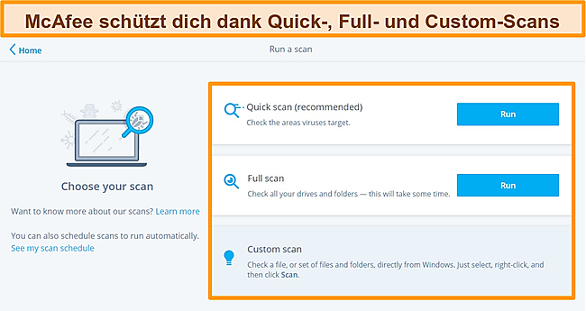 Screenshot der McAfee Antivirus-App mit schnellen, vollst&auml;ndigen und benutzerdefinierten Scanoptionen.
