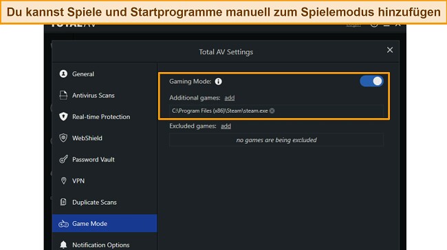 Screenshot der TotalAV-Antivirus-Software mit aktiviertem Spielmodus f&uuml;r ungest&ouml;rtes Gaming