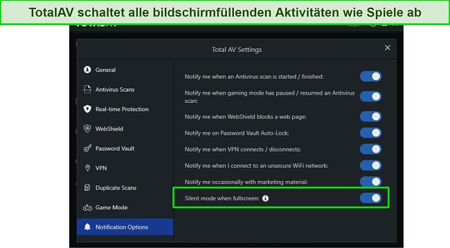 Benachrichtigungseinstellungen von TotalAV mit einer Option f&uuml;r den Lautlos-Modus