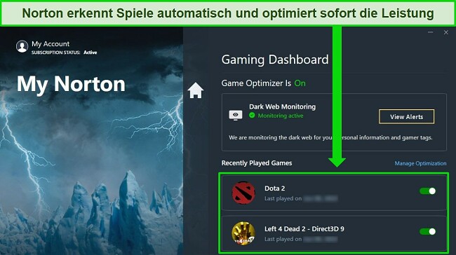 Bestes Antivirus f&uuml;r PC-Gaming: Norton-Gaming-Dashboard, das Spiele automatisch optimiert
