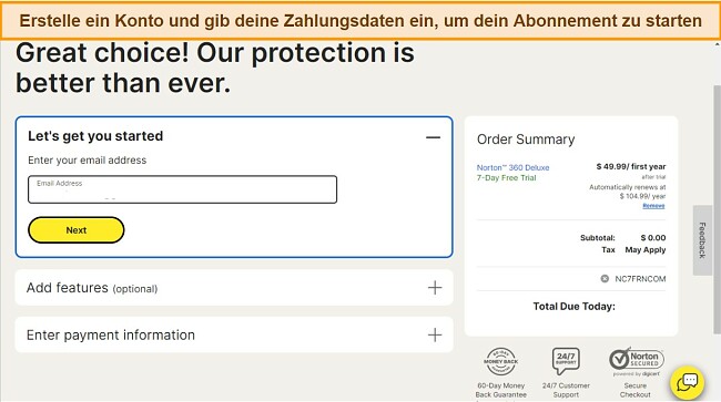 Anmeldebildschirm f&uuml;r ein neues Norton-Konto