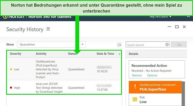 Ein Norton Antivirus-Warnfenster zeigt eine unter Quarant&auml;ne gestellte Datei mit Datum