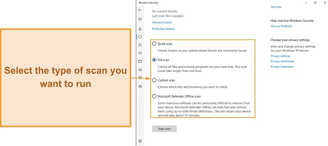 Screenshot illustrating the selection process for different scan types in Microsoft Defender, questioning its overall protection capabilities. Screenshot illustrating the selection process for different scan types in Microsoft Defender, questioning its overall protection capabilities.