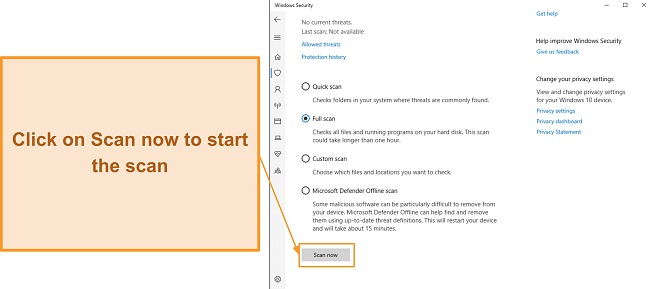 Screenshot depicting the initiation of a scan in Microsoft Defender, evaluating its adequacy in system protection. Screenshot depicting the initiation of a scan in Microsoft Defender, evaluating its adequacy in system protection.