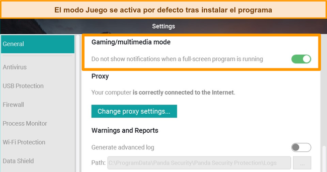 Captura de pantalla de la ubicaci&oacute;n del modo de juego de Panda en la configuraci&oacute;n general.