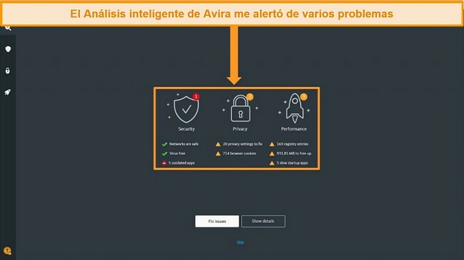 Captura de pantalla de la p&aacute;gina de resultados de Avira Antivirus Smart Scan.
