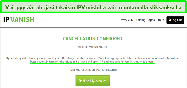 Kuvakaappaus k&auml;ytt&auml;j&auml;st&auml;, joka pyysi onnistuneesti hyvityst&auml; IPVanishilta live-chatissa 30 p&auml;iv&auml;n rahat takaisin -takuulla