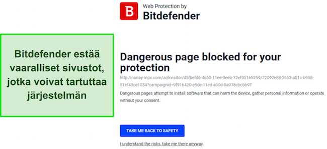 Bitdefender-katsaus esittelee verkkosuojausominaisuuden, joka est&auml;&auml; aktiivisesti p&auml;&auml;syn mahdollisesti haitalliselle verkkosivustolle