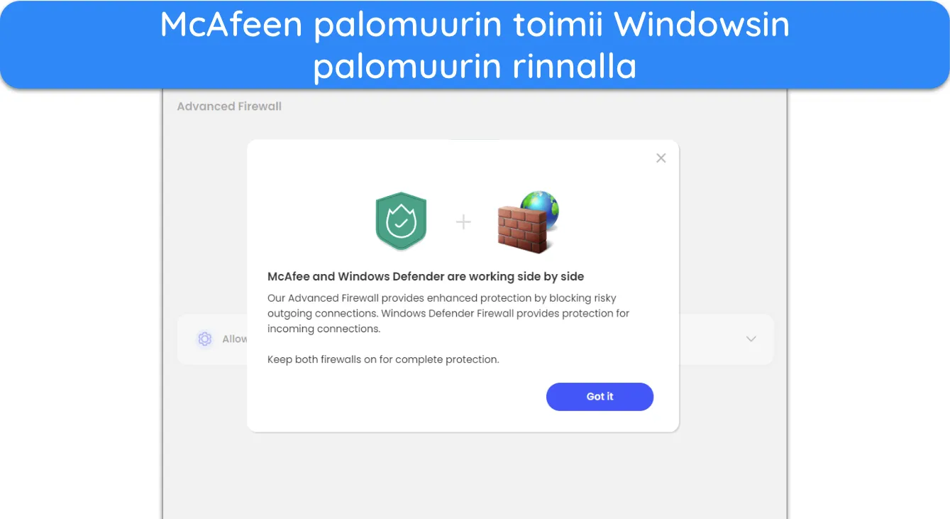 N&auml;ytt&ouml;kaappaus, jossa n&auml;kyy McAfeen palomuuri, joka toimii Windowsin palomuurin kanssa.