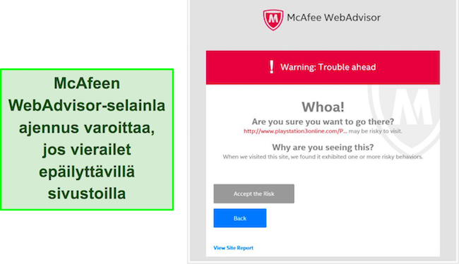 Kuvakaappaus McAfee WebAdvisor -selainlaajennusliittym&auml;st&auml;.