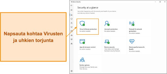 N&auml;ytt&ouml;kaappaus, joka n&auml;ytt&auml;&auml;, kuinka Microsoft Defenderin virus- ja uhkien suojausvalikko avataan